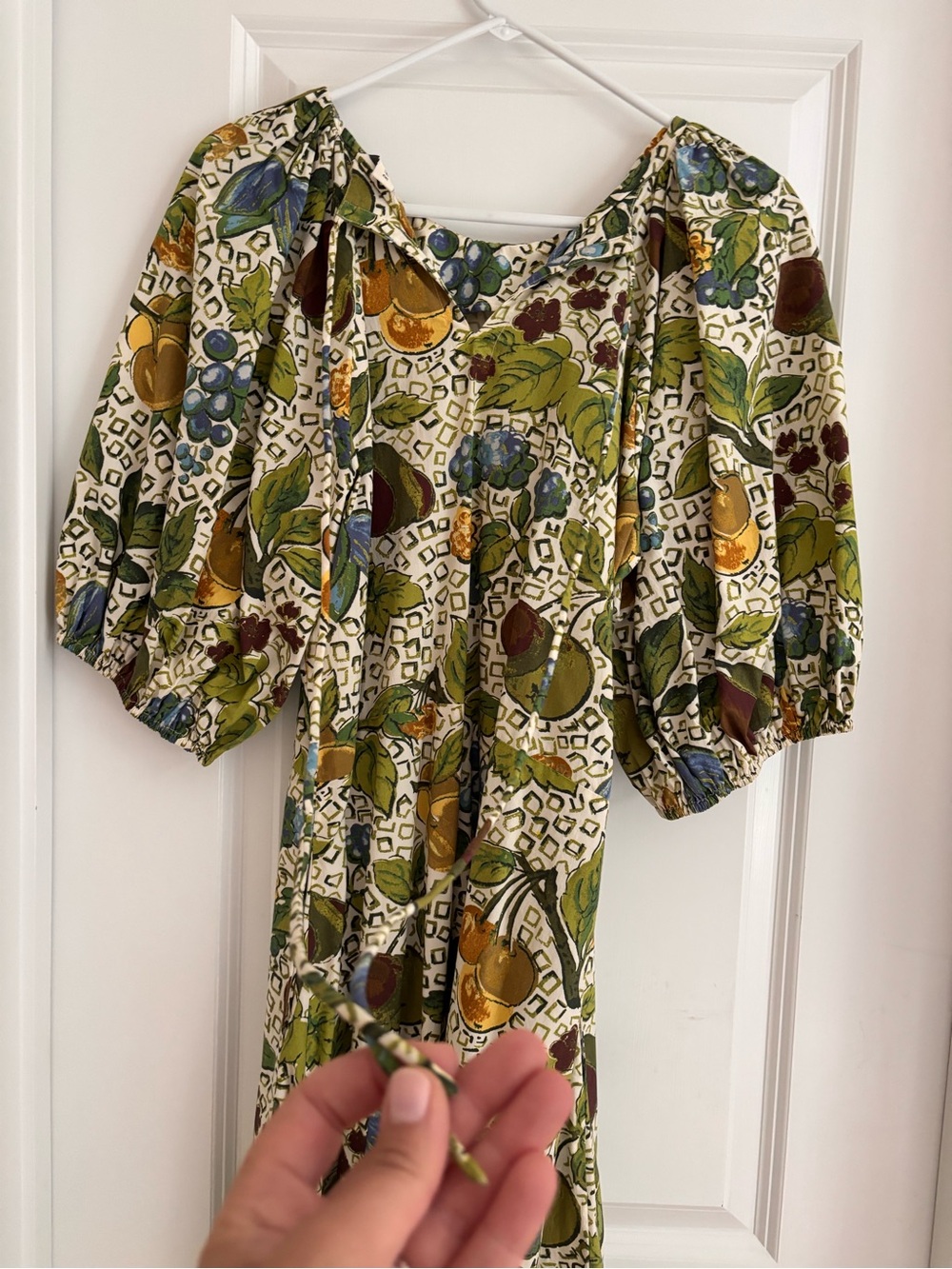 RHODE Cream Midi Dress with Green, Blue and Yellow Botanical Print